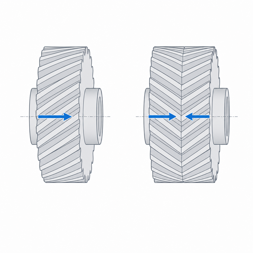 Diagrama del empuje axial en el helicoidal simple y su cancelacion en la espiga con dos helices opuestas