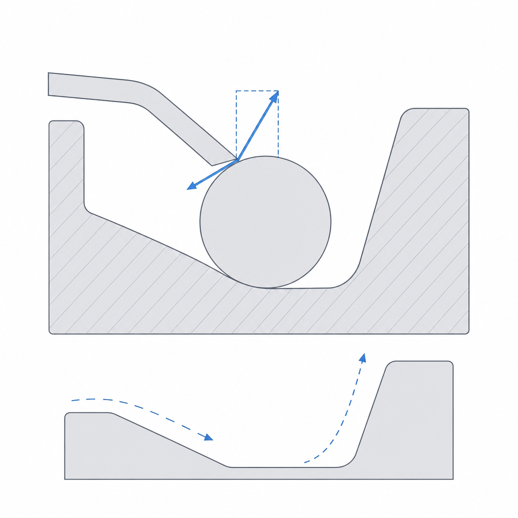 Perfil de la muesca con el flexor subiendo la rampa y la muesca asimetrica de entrada tendida y salida empinada para histeresis