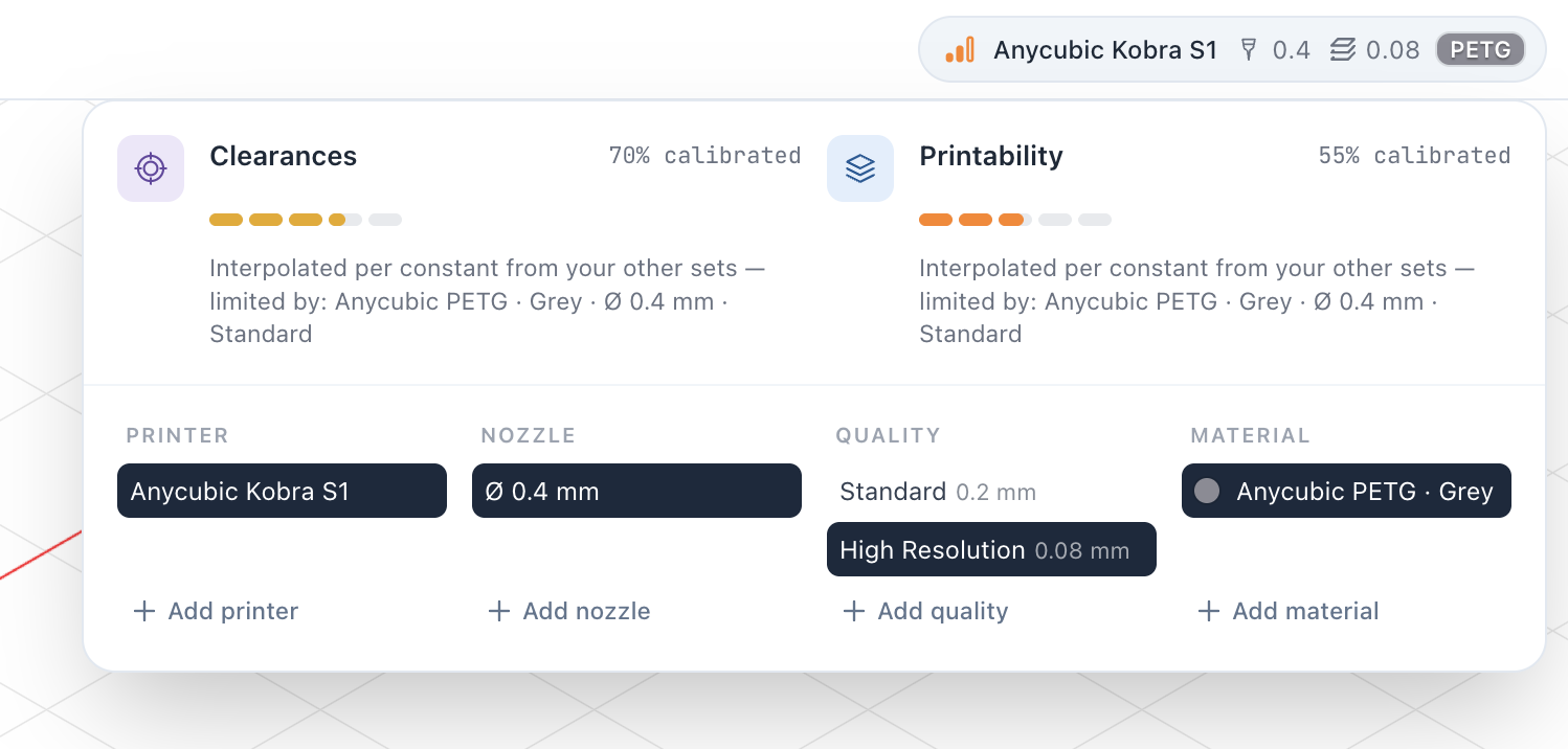 The Active Setup selector in the editor, with live calibration